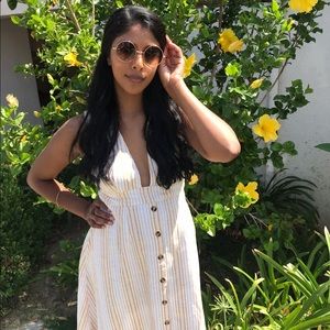 Mustard stripe low cut linen midi dress